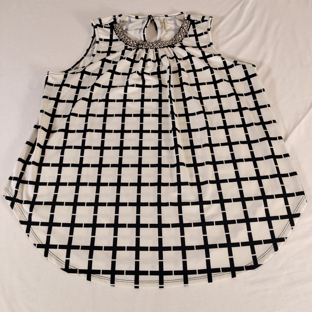 Perceptions Size L Top Sleeveless Blouse White black Jeweled Collar - Issues‎